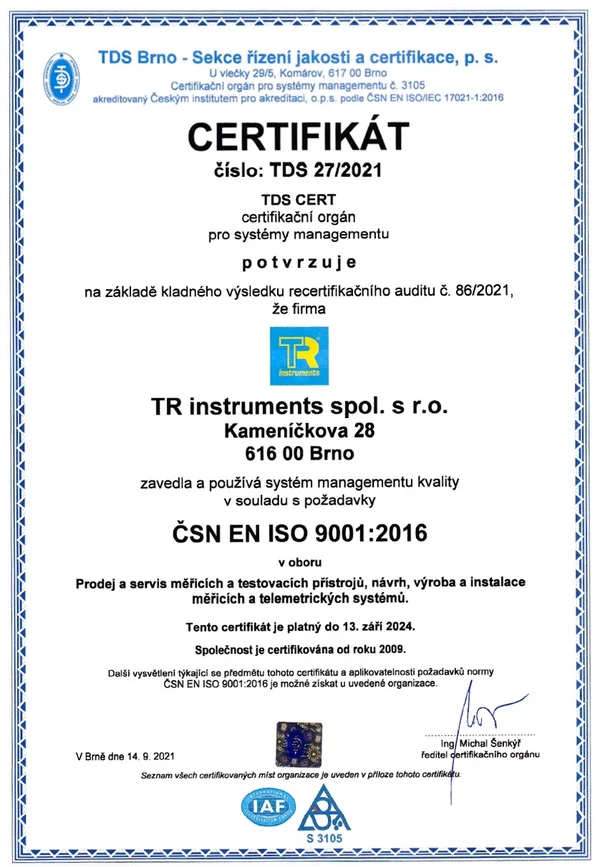 Certifikát ISO9001:2016 | TR instruments